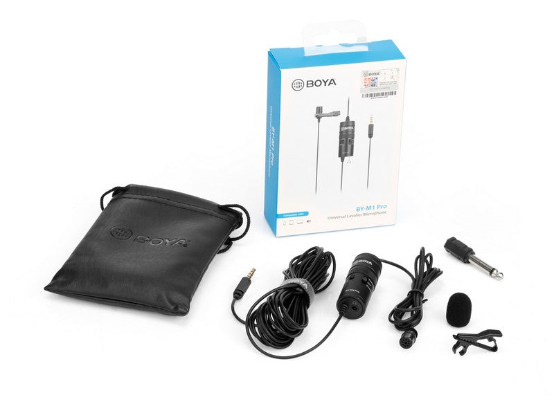 BOYA BY-M1 Pro universal lavalier microphone-compatible with PC smartphones camera audio recorders clip-on mic foam windscreen package content