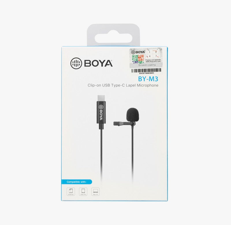 Stream Source BOYA BY-M3 Digital Lavalier Microphone for Type-C devices 6m long cables connect with android phone devices with Type-C connection port windscreen package design