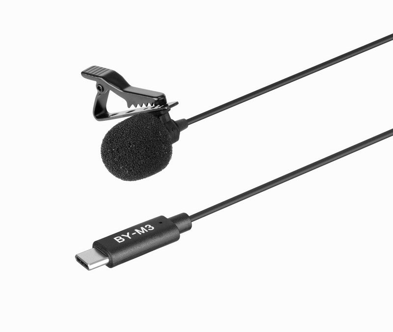 Stream Source BOYA BY-M3 Digital Lavalier Microphone for Type-C devices 6m long cables connect with android phone devices with Type-C connection port windscreen closeup