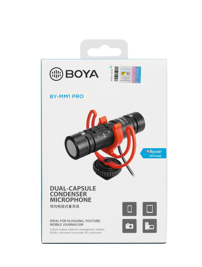 Stream Source BOYA BY-MM1 PRO Dual-Capsule Condenser Microphone with anti-shock mount applications interviews vlogger package content