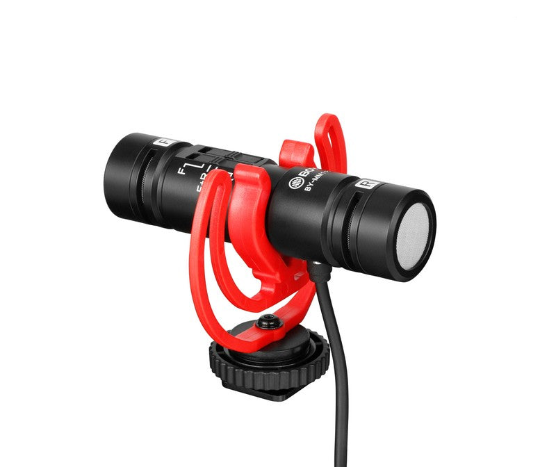 Stream Source BOYA BY-MM1 PRO Dual-Capsule Condenser Microphone with anti-shock mount applications interviews vlogger side view