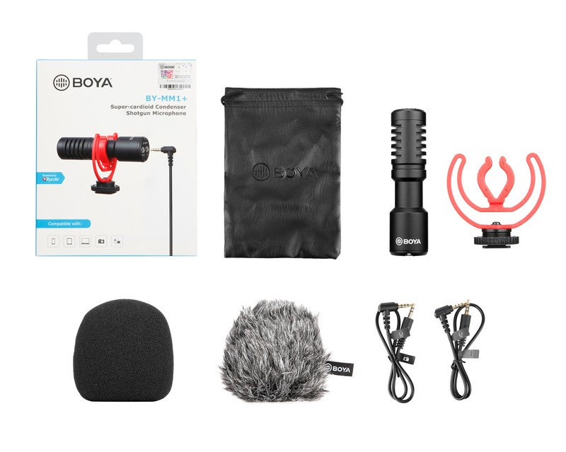 Stream Source BOYA BY-MM1+ Super-cardioid Condenser Shotgun Microphone compatible for smartphones, tablets, DSLRs, consumer camcorder PCs with furry windshield foam windshield durable mental construction application vlogger package content