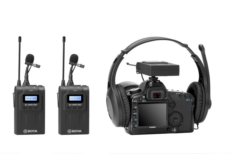 Stream Source BOYA BY-WM8 PRO UHF Dual-Channel Wireless Microphone System LCD display PLL-synthesized tuning capturing audio with dual subjects filming interview live broadcast application