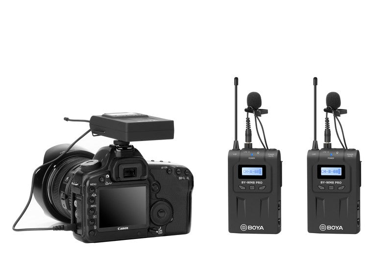 Stream Source BOYA BY-WM8 PRO UHF Dual-Channel Wireless Microphone System LCD display PLL-synthesized tuning capturing audio with dual subjects filming interview live broadcast DSLR