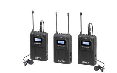 Stream Source BOYA BY-WM8 PRO UHF Dual-Channel Wireless Microphone System LCD display PLL-synthesized tuning capturing audio with dual subjects filming interview live broadcast overview