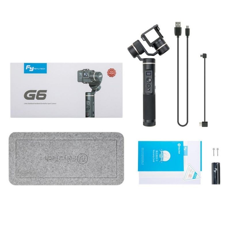 Feiyu G6 3-Axis Stabilized Handheld Gimbal for GoPro Hero 4/5/6 and Sony RX0 Cameras action cam package info